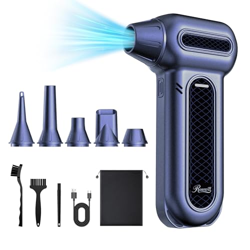 Rosewill Electric Air Duster - 130,000 RPM Super Power Cordless w/Turbo Mode, 4-Gear Adjustable Mini Blower with Fast Charging, Inflation and Suction for Computer, Keyboard, Pet, House, Outdoor & Car - color: Metallic Blue