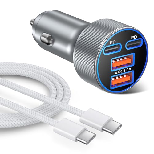 90W Car Charger USB C, Besgoods Dual 45W USB C iPhone 17 Pro Max Fast Charging Cigarette Lighter Adapter with 6ft Type C Cable for iPhone 16 15 Galaxy S26 S25 Ultra S24 S23 - color: grey charger + white cable, size: 1-Pack