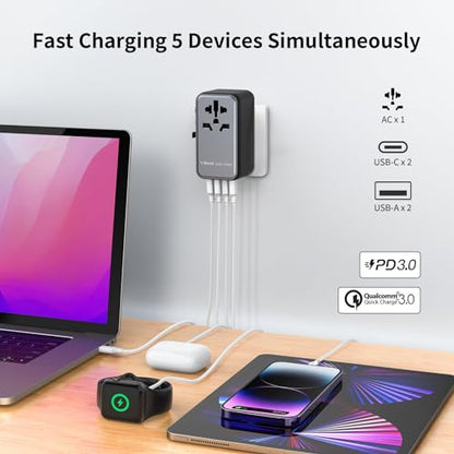 MOMAX 100W Universal Travel Adapter, 5-in-1 GaN International Power Adapter for Laptop, Phone, 2 USB-C PD & 2 USB-A QC Wall Charger, European Travel Plug Adapter for UK/US/AUS/JP, Travel Essentials - size: 100 W