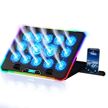KLIM V14 Gaming Laptop Cooling Pad with 14 Fans + Gaming Laptop Cooler + Stable RGB Laptop Stand with Fan + Compatible up to 17 Inches + 2 USB Ports + Mobile Phone Holder + 5 Years Protection | Adjustable tilt angle - integrated mobile phone holder - 5 ye