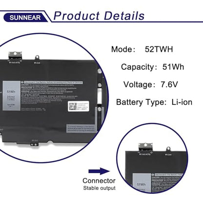 52TWH Battery Replacement for Dell XPS 13 7390 2-in-1 Series Notebook | 4Cell 7.6V 6375mAh 51Wh; Compatible with Dell P103G P103G001 P103G002; MM6M8 0MM6M8 XX3T7 0XX3T7 - size: 11.42*5.47*1.1 inches 52TWH