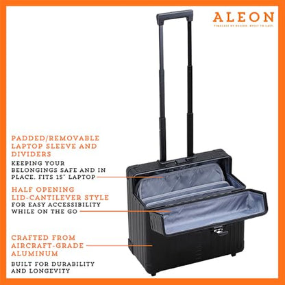 All Aluminum Lightweight 17” Premium Two Wheels Pilot Business Laptop Travel Luggage, Catalog Case with Laptop Sleeve and Built-In Removable Dividers, Rolling Laptop Bag for Men and Women (Onyx) - color: Black