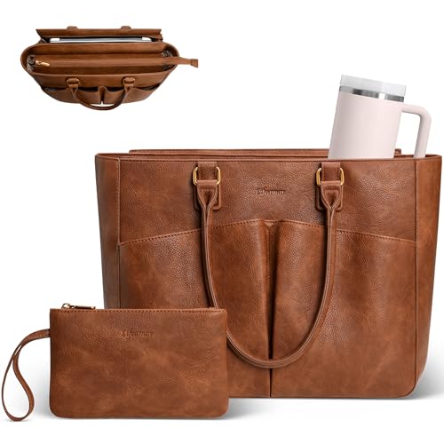 Laptop Tote Bag for Women, Leather Work Tote with Padded Laptop Compartment, Cup Holder, Office Computer Briefcase - color: Brown, size: 17.3inch