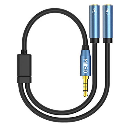 Headset Splitter for 2 TRRS Headphones or Mics 3.5mm Audio Splitter | Sapphire Blue, Metal Shell, 3.5mm Jack Adapter TRRS 4-Pole Headphone Splitter Male to 2 Female Adapter for Smartphone, Laptop - size: 1 Feet - Standard
