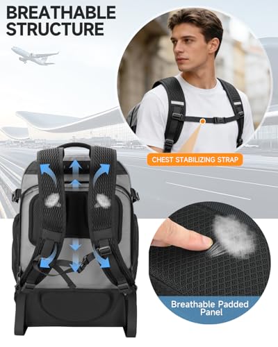 2-in-1 Detachable Rolling Backpack & Daypack, 56L Large Backpacks with Wheels Fits 17 Inch Laptop, Water Resistant, Carry On Luggage for College, Travel, Camping, Hiking Grey - color: Grey, style: Rolling Backpack