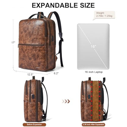 Vegan Leather Laptop Backpack for Women and Men Fits 16 Inch Laptop | Water Resistant,28L Expandable Computer Backpack Purse,USB Charging Port,Travel Work Business College Teacher Nurse - color: Two-toned Brown