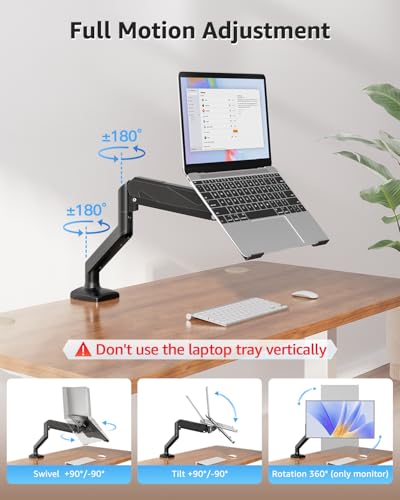MOUNTUP Laptop Stand for Desk, Adjustable Aluminum Laptops Arm Mount for 14-17 Inch Notebook & 32" Monitor, Laptops Arm for Desk Support for 2.2-19.8lbs, 2-in-1 Laptop Desk Mount with Clamp/Grommet