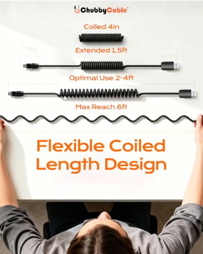 chubbycable Silicone 240H Sag-Free Coiled USB A to C Cable, 1 Pack, Black | Self-Organizing, 6FT USB-C Cable for Car, 120W Fast Charging, 45,000+ Bend Tested, Support Carplay & Android Auto - color: All Black-1 Pack