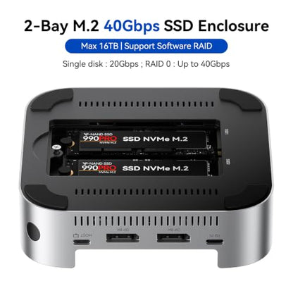 ACASIS 40Gbps Mac mini M4 Dock & Stand with Dual-Bay NVMe SSD Enclosure | Aluminum DP Hub for Mac mini M4 and M4 Pro 2024, 4K60Hz DP, 3X10G USB A, PD 30W, SD/TF 4.0, Support Dual SSD B+M M-Key