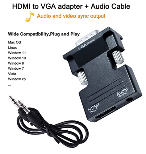 DTECH Directional HDMI to VGA Adapter with 3.5mm Audio Port (Laptop HDMI Source Output to VGA TV) for Old Computer Monitor PC Projector 1080P Video (Female HDMI in, Male VGA Out)