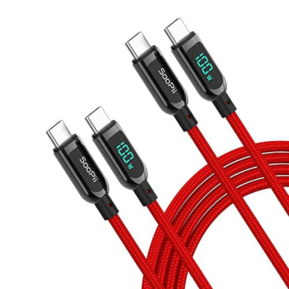 SOOPII 100W USB C to USB C Cable,[6.6ft,2-Pack],Nylon Braided Fast Charging Cable with LED Display for lPhone 15/15 Pro/15 Plus,lPad Air,MacBook Pro,Galaxy S24/S23 (Red) - color: Red, size: 2M 2Pack - 100W