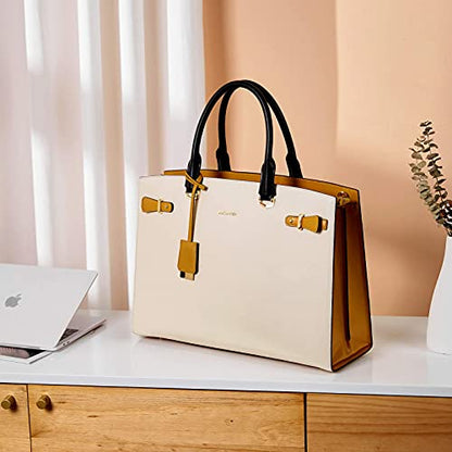 BOSTANTEN Genuine Leather Briefcase for Women 15.6'' Laptop Work Tote Bag | Laptop Compartment, Spacious Interior, Structured, Professional Style, Detachable Shoulder Strap, Office, Business, Commute - color: A-beige