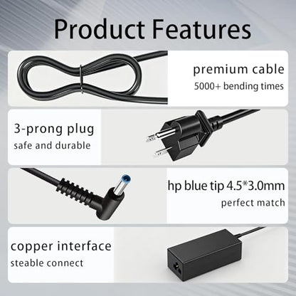 65W 45W 9FT 4.5*3.0mm Laptop Charger Replacement for HP Smart Blue Tip Computer Charger Compatible with Pavilion x360 14 15 17, Envy, Spectre, Elitebook, ProBook, Chromebook and More Power Adapter