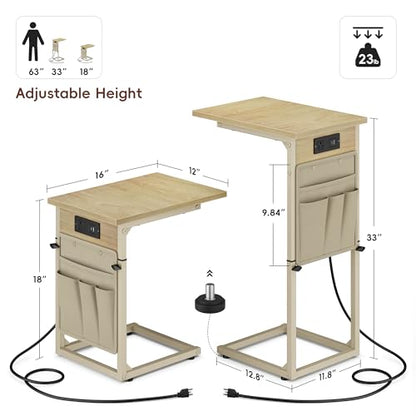 Vagusicc C Shaped End Table with Charging Station, Adjustable Height C Table End Table, Small Side Table for Couch, Couch Table Slide Under Sofa Table TV Tray Arm Table for Living Room,Bedroom,Natural - color: Natural Walnut, style: With Plug