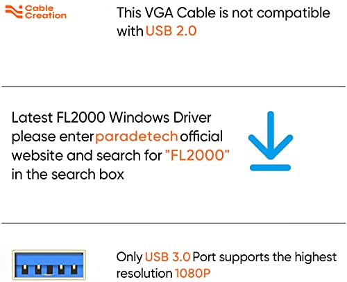 CableCreation USB 3.0 to VGA Cable 6 Feet, VGA to USB Adapter Cord 1080P @ 60Hz, External Video Card, Only Support Windows 10/8.1/8 / 7 / macOS (NO XP/Vista), Black