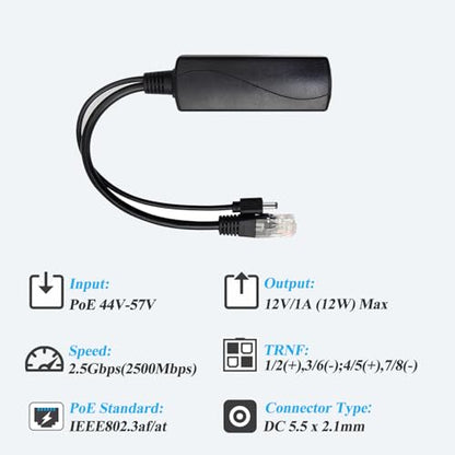 2.5G PoE Splitter 12V/1A, DC 5.5 * 2.1mm Plug, 48V PoE to DC 12V/1A 12W Output, 2.5Gbps Ethernet Comply IEEE802.3af/at, Plug and Play for IP Camera, Smart Home - style: PS5712G-X DC 5.5 x 2.1 12V/1A