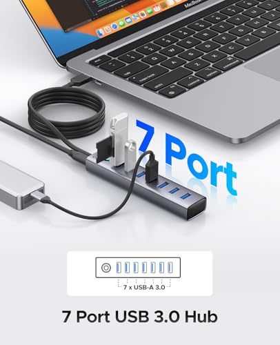ORICO 7-Port USB 3.0 Hub, Aluminum USB Multiple Adapter, 5Gbps USB Extender USB Splitter with 6Ft Cable, UBS-A Hub Long Cable for Desktop, PC, Flash Drive, Mobile HDD, Windows/XPS - size: 6.0Ft