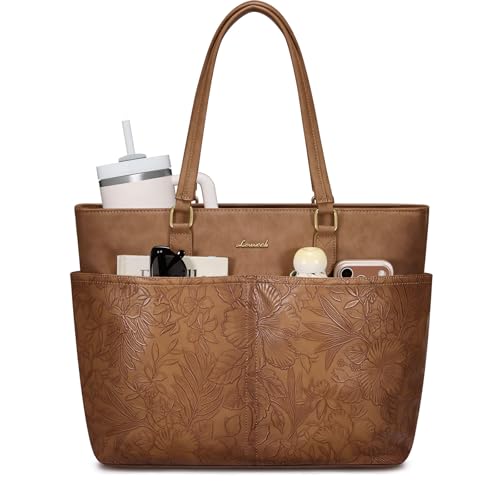 LOVEVOOK Work Tote Bags for Women, Embossed Retro Leather 17.3 Inch Laptop Bag with Large Cup Holder, Teacher Nurse Medical Professional Computer Bag, Office Briefcase Handbag Gift - color: Embossed Retro Brown, size: 17.3 Inch