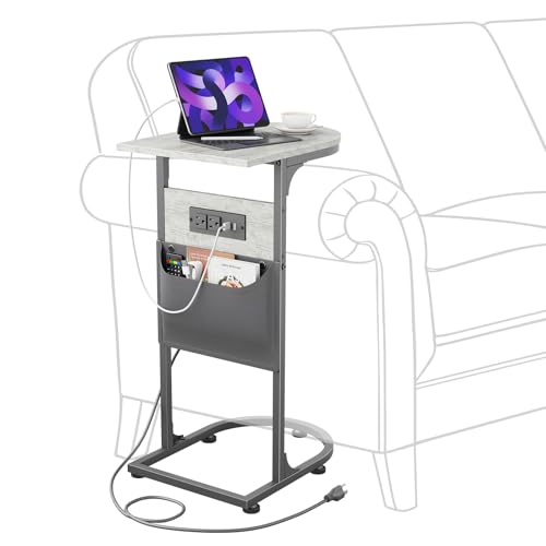 C Shaped End Table with Charging Station, Small Side Table for Couch, C Table Slides Under Sofa with Storage Bag, TV Tray Table for Recliner, Living Room, Bedside, Bedroom, Small Spaces, Greige - color: Charging Station Greige