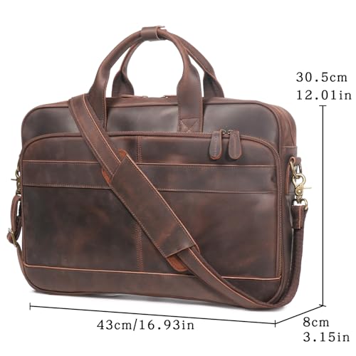 Leather Briefcase for Men 17Inch Laptop Messenger Bags Business Travel Handcrafted Laptop Bag with YKK Zipper Gift - color: Dark Brown