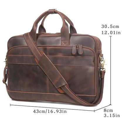 Leather Briefcase for Men 17Inch Laptop Messenger Bags Business Travel Handcrafted Laptop Bag with YKK Zipper Gift - color: Dark Brown