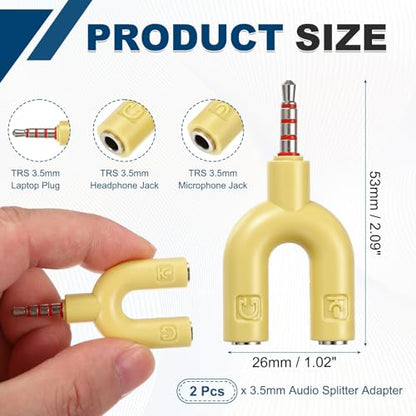 MECCANIXITY 2Pcs Headset Mic Splitter Adapter, 3.5mm Male to Dual Female Y Splitter Microphone and Audio Jack Adapters for PC Laptop Smartphone, Yellow - color: Yellow