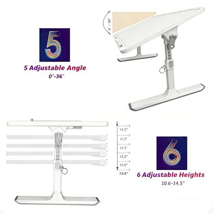 Foldable and Adjustable Laptop Bed Table with Hidden Drawer, Cup Holder, USB Voice-Controlled Night Light, White 23.6"x15.7", Suitable for Working, Gaming, and Other uses on Bed and Sofa - color: White