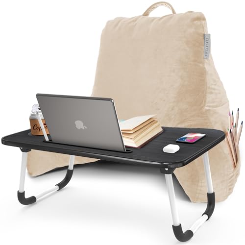 Clara Clark Reading Pillow with Portable Lap Desk for Laptop Set, Back Pillow for Sitting Up in Bed, Memory Foam Back Support Pillow, Bed Rest Pillow with Foldable Laptop Desk, Standard - Beige Cream - color: Beige Cream, size: Standard