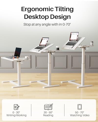 Overbed Table with Wheels, Pneumatic Lift, Foldable Top (White) | 0-70° Tilt Desktop Bedside Table, Hidden Casters,1.18 In Low-Profile Base Slides Under Beds and Sofas, Holds 88 Lbs - color: White