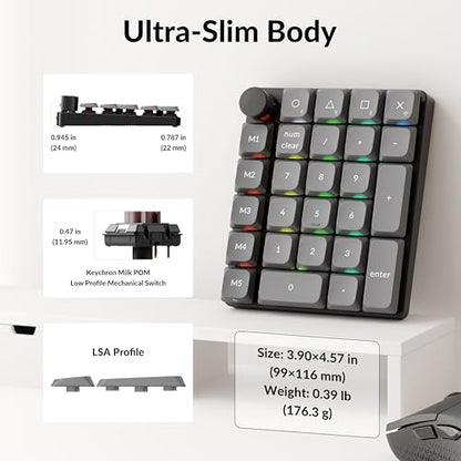 Keychron K0 Max Wireless Low-Profile Number Pad, QMK/VIA Programmable, Hot-Swappable Brown Switch, RGB Backlit, 2.4GHz & Bluetooth 5.3, 1000Hz Polling Rate, with Knob, for Windows/Mac - color: Brown Switch, size: Black
