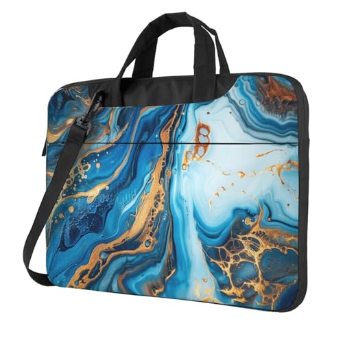 Laptop Bag for Women Men Portable Computer Carrying Case with Handle Strap Waterproof Shoulder Messenger Bag - color: Blue Golden Marble, size: 15.6 Inch