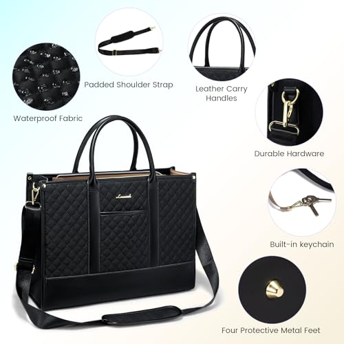 LOVEVOOK Laptop Bags for Women, 15.6 inch Waterproof Work Tote Bag with Clutch, Professional Teacher Computer Purse Lightweight Shoulder Bag Travel, Quilted Black | Canvas Quilted Computer Purse with Shoulder Strap&Clutch, Professional Teacher Handbag Off