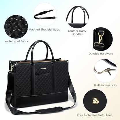 LOVEVOOK Laptop Bags for Women, 15.6 inch Waterproof Work Tote Bag with Clutch, Professional Teacher Computer Purse Lightweight Shoulder Bag Travel, Quilted Black | Canvas Quilted Computer Purse with Shoulder Strap&Clutch, Professional Teacher Handbag Off