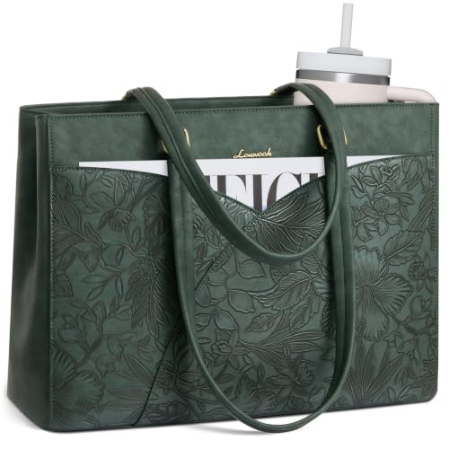 LOVEVOOK Laptop Bag for Women,15.6 Inch Work Teacher Bags Leather Tote Bag Briefcase Waterproof Computer Bag for Women，Green embossed - color: Green Embossed, size: 15.6 Inch
