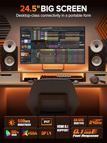 UPERFECT 24.5" 2K 240Hz Portable Monitor, 2560×1440 QHD Gaming Display | 0.1ms Response, 500 Nits, HDR, HDMI 2.1 & DP 1.4, VESA Support, Stand Included, Portable Gaming Screen for Laptop & Console - size: 24.5