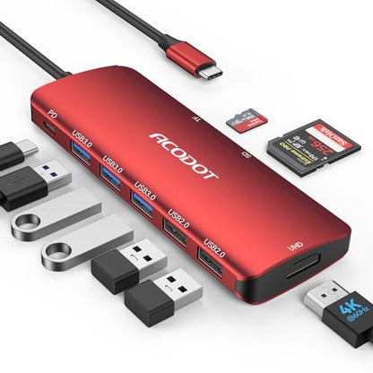 USB C Hub, 9-in-1 Multi-Port USB Adapter, 4K@60Hz HDMI, 100W Max PD, 3 USB3.0(5Gbps) + 2 USB2.0 Data Ports, SD/TF Card Reader for MacBook, iPad Pro, Dell, HP, Lenovo, Windows Laptop, Red - color: Red