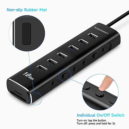 8-Port Powered USB 3.2 Hub 10Gbps with SD/TF Reader, RSH-A107D | USB Splitter with 6 USB-A 3.2 Gen 2 Data Ports, SD/TF Card Reader, 3.3ft USB Cable and 12V/2A Power Adapter for Laptop PC