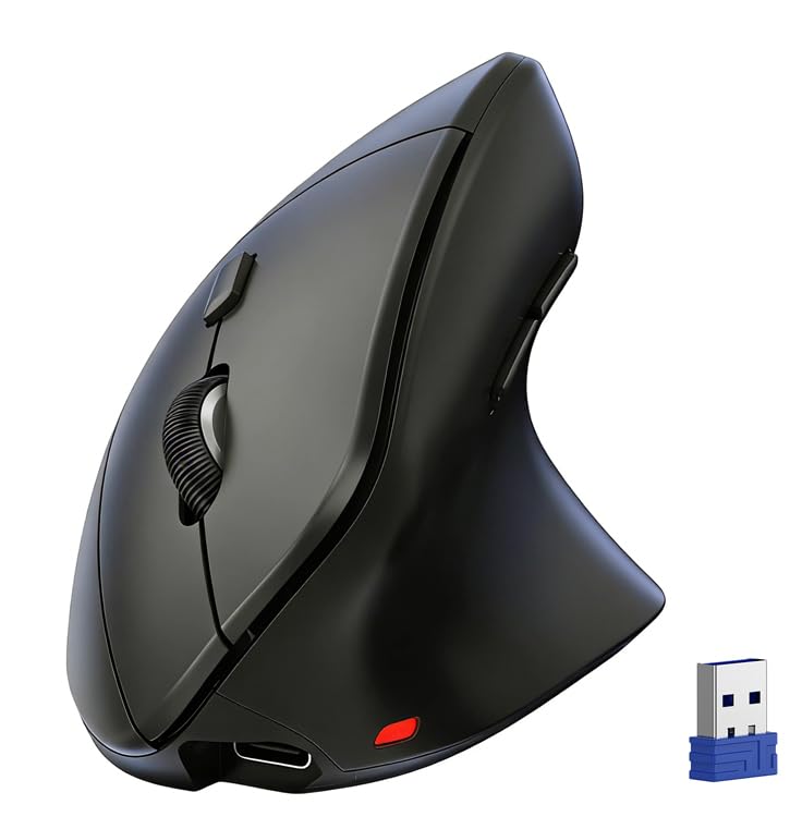 TECKNET Wireless Vertical Mouse, 2.4G+2*BT Rechargeable Bluetooth Mice | 4800DPI, Ergonomic Design for Carpal Tunnel Right Hand, 3-Device Connectivity for Laptop, PC, MacBook, Windows, MacOS, Black
