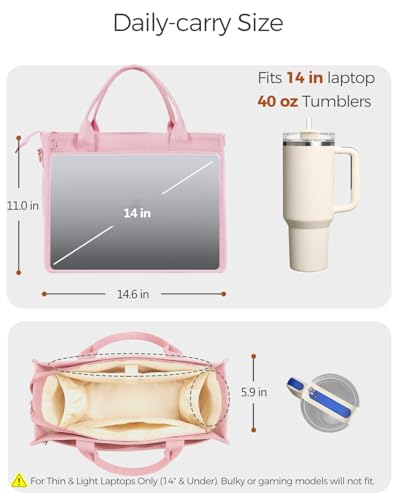 Canvas Tote Bag for Women With Zipper,14" Laptop Tote Bag for Work | Water Bottle Pocket,Padded Laptop Sleeve,Inner Key Leash,Premium Metal Hardware,Structured Canvas - color: Petal Pink