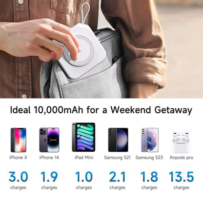 Powerpack Universal 5 in 1 Travel Power Bank - for Magsafe Battery Pack,10000mAh Power Bank with Built in Cable - Wireless Portable Charger for iPhone 15/15 Pro/ProMax, iPhone 14/13/12 Series - color: White