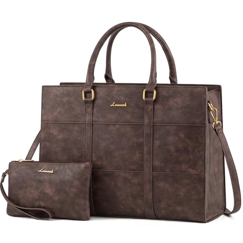 LOVEVOOK Laptop Bag for Women, 15.6 Inch Laptop Tote Bag, Vintage Leather Work Bags for Women, Waterproof Computer bag with Clutch Purse, Large Capacity Briefcase, Business Office Bag | Two-piece set - color: Dark Brown, size: 15.6 inch