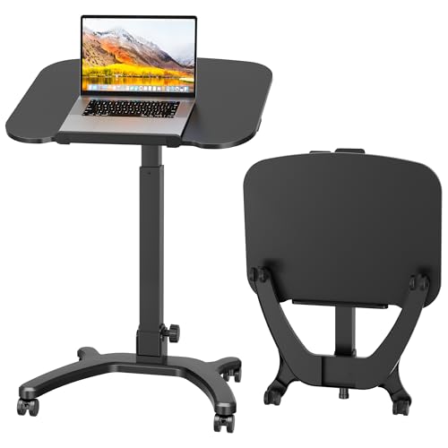 BONTEC Mobile Foldable Standing Desk, Portable Adjustable Height Desk with Gas Spring, Small Rolling Laptop Desk with Wheels for Home, Office, Bedroom, and Medical Use, 25.6" x 19.7" Desktop, Black - color: Black