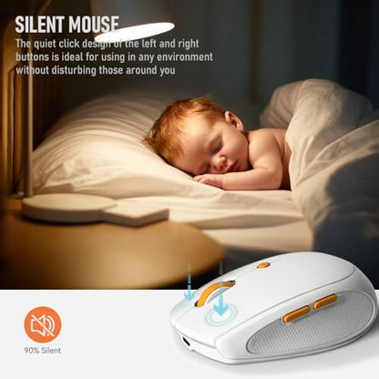 Silent Wireless Mouse for Work & Study, Dual Mode Bluetooth + 2.4G USB Receiver, Rechargeable, Comfortable for Long Hours, Compatible with Laptop/Mac/iPad/Tablet/PC (White)