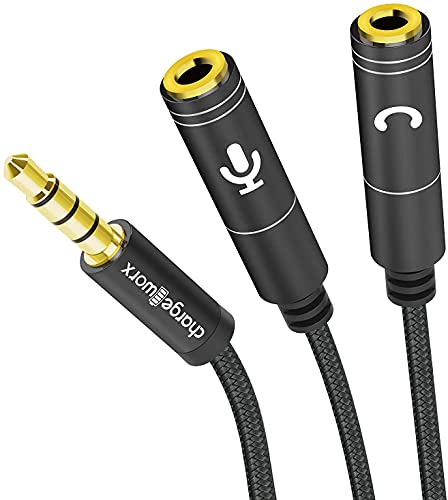 ChargeWorx 3.5mm Headphone and Mic Splitter Adapter, Gaming Headset Y Splitter Cable with Gold Plated Connectors, Audio and Microphone Jack Converter for PC, Laptop, Console and Smartphone