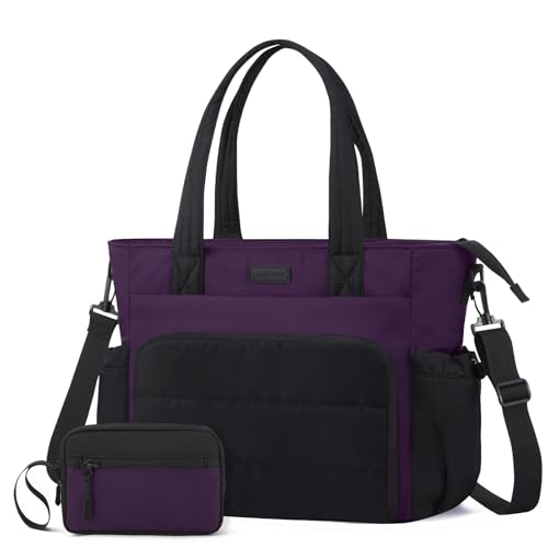 LOVEVOOK Tote Bag for Women, 15.6 Inch Puffer Laptop Work Tote with Cup Holder, Quilted Nurse Bag for Travel, Gym, Daily Use - color: Black/Purple, size: 15.6 inch