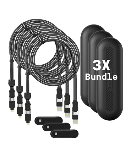 Rolling Square New inCharge XL 6-in-1, (3X Pack) Multi Charging Cable 100W Ultra-Fast Charging, Portable USB and USB-C Cable, 10Ft/3m, Black