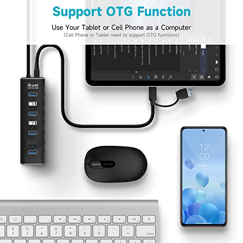 7-Port Powered USB 3.0 Hub with 2-in-1 Connector to Host | Aluminum USB Hub Splitter with AC Adapter LED On/Off Switches and 3.3ft Long Cable for Laptop, Mac, PC, Mobile HDD - size: 7-Port USB 3.0 Hub
