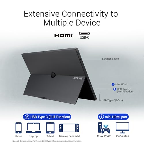 ASUS ZenScreen MB16AMTR 15.6 Inch 1080p Touchscreen USB-C Portable Monitor | Built-in Battery, Kickstand, Eye Care, Tripod Socket, IPS, For Laptop, Phone, Console, Travel Display for MacBook and PC - style: 16" Touch Battery