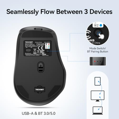 TECKNET Wireless Mouse, BT 5.0/2.4G, Rechargeable Silent 6 Buttons, Black | 3-Device Easy Switch, Bluetooth 5.0/3.0 & USB A, Wide OS Compatible, 6-DPI up to 4800, Ergonomic for M/L Hands - color: Black