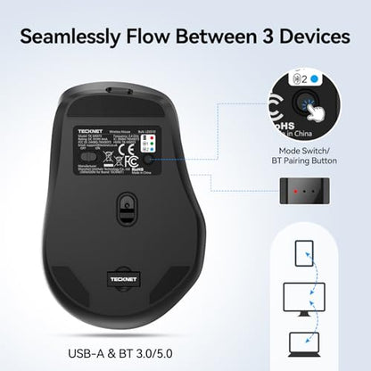 TECKNET Wireless Mouse, BT 5.0/2.4G, Rechargeable Silent 6 Buttons, Black | 3-Device Easy Switch, Bluetooth 5.0/3.0 & USB A, Wide OS Compatible, 6-DPI up to 4800, Ergonomic for M/L Hands - color: Black